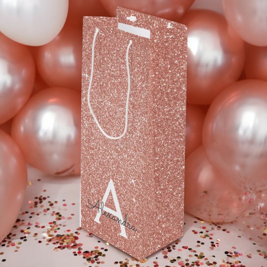 Roze Rose Gold Glitter & Sparkle Monogram Wijn Cadeautas