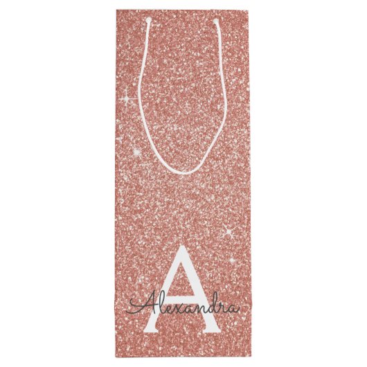 Roze Rose Gold Glitter & Sparkle Monogram Wijn Cadeautas (Achterkant)