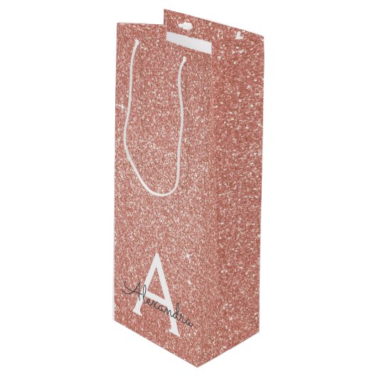 Roze Rose Gold Glitter & Sparkle Monogram Wijn Cadeautas (Voorkant Gekanteld)