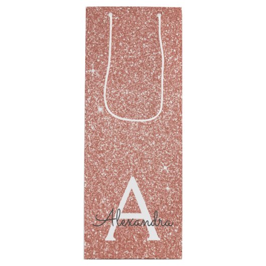 Roze Rose Gold Glitter & Sparkle Monogram Wijn Cadeautas (Voorkant)
