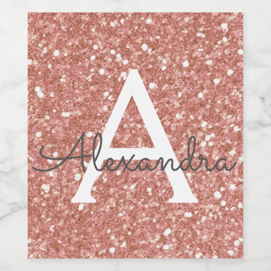 Roze Rose Gold Glitter & Sparkle Monogram Wijn Etiket (Enkel label)