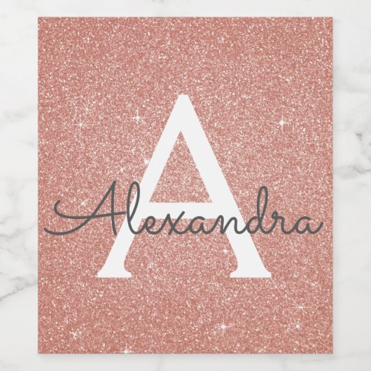 Roze Rose Gold Glitter & Sparkle Monogram Wijn Etiket (Enkel label)