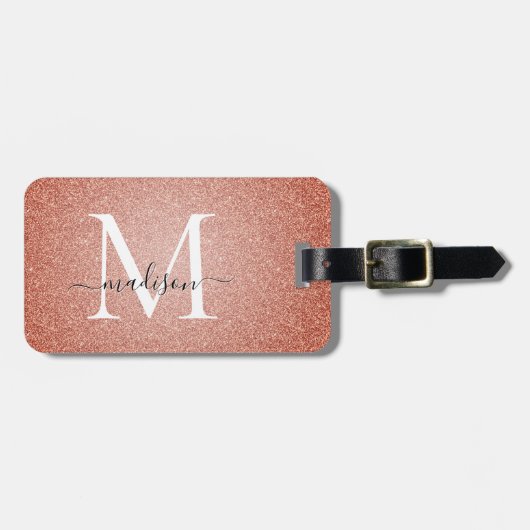 Roze Rose Gold Glitter Sparkle Script Monogram Bagagelabel (Voorkant horizontaal)