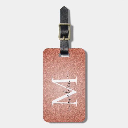 Roze Rose Gold Glitter Sparkle Script Monogram Bagagelabel (Voorkant verticaal)