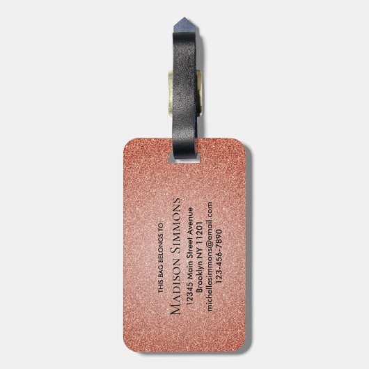 Roze Rose Gold Glitter Sparkle Script Monogram Bagagelabel (Achterkant verticaal)