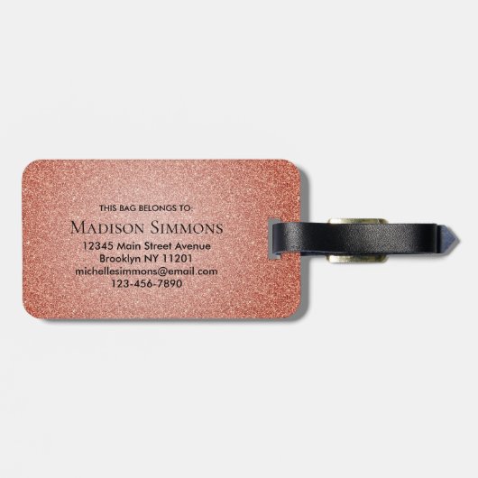 Roze Rose Gold Glitter Sparkle Script Monogram Bagagelabel (Achterkant horizontaal)