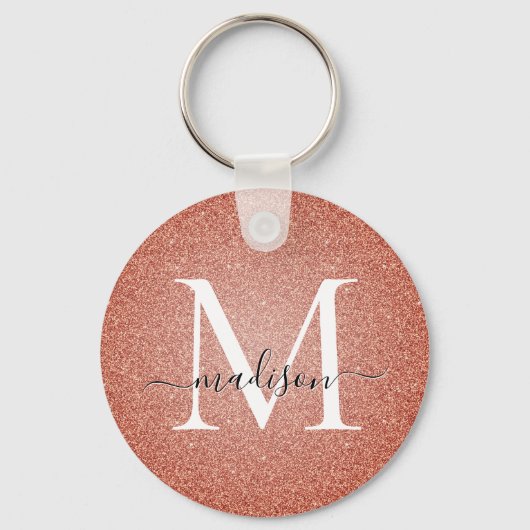 Roze Rose Gold Glitter Sparkle Script Monogram Sleutelhanger (Voorkant)