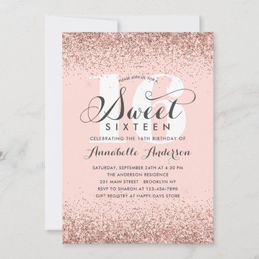 Roze Rose Gold Glitter Sparkle Sweet 16 Birthday I Kaart (Voorkant)