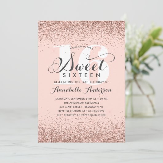 Roze Rose Gold Glitter Sparkle Sweet 16 Birthday I Kaart (Staand voorkant)