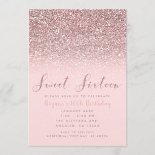 Roze Rose Gold Glitter Sparkle Sweet 16 Party Kaart