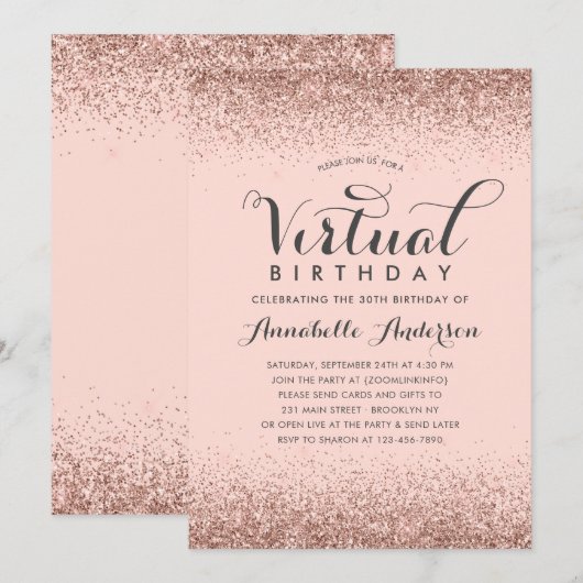 Roze Rose Gold Glitter Sparkle Virtual Birthday Kaart (Voorkant / Achterkant)
