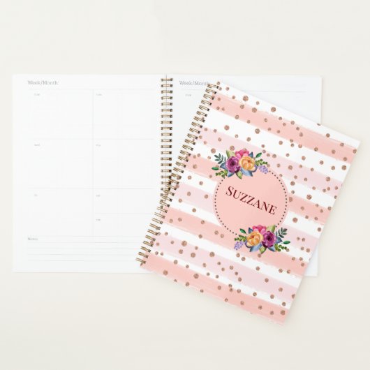 Roze Rose Gold Glitter Stripes Floral Pattern Planner (Display)