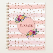 Roze Rose Gold Glitter Stripes Floral Pattern Planner (Voorkant)
