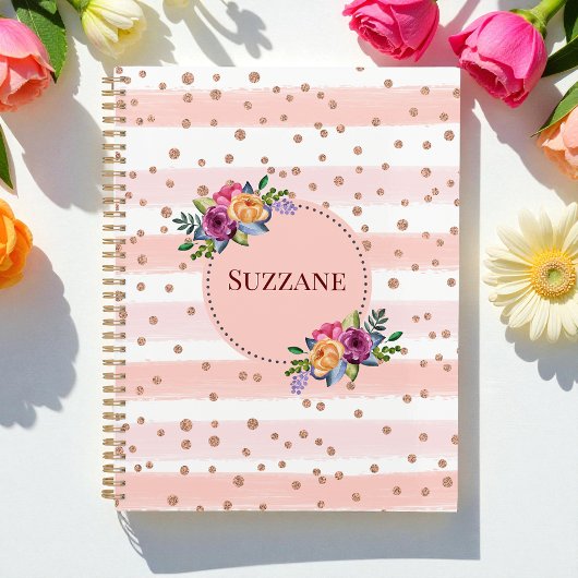 Roze Rose Gold Glitter Stripes Floral Pattern Planner