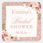 Roze Rose Gold Glitters Floral Vrijgezellenfeest F Vierkante Sticker (Voorkant)