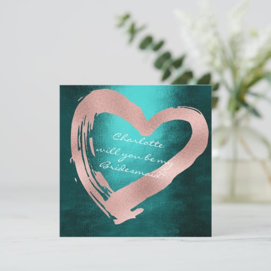Roze Rose Gold Heart Blauwgroen wil je Bridesmaid  Kaart (Staand voorkant)