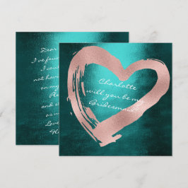 Roze Rose Gold Heart Blauwgroen wil je Bridesmaid  Kaart