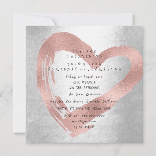 Roze Rose Gold Heart Silver Birthday Party Kaart (Voorkant)