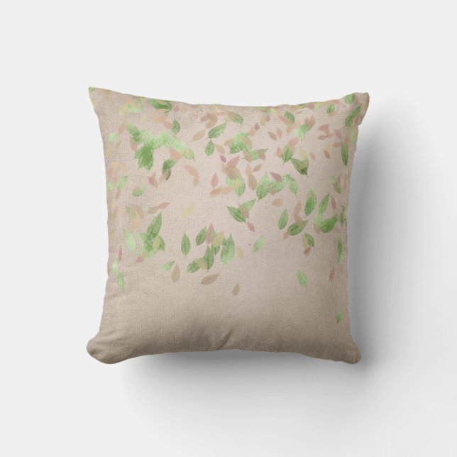 Roze Rose Gold Leafs Mint Green Ivory Linen Kussen (Voorkant)