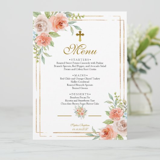 Roze Rose & Gold Lijst Baptisme Menu (Staand voorkant)