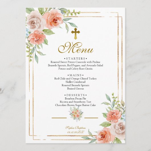Roze Rose & Gold Lijst Baptisme Menu (Voorkant)