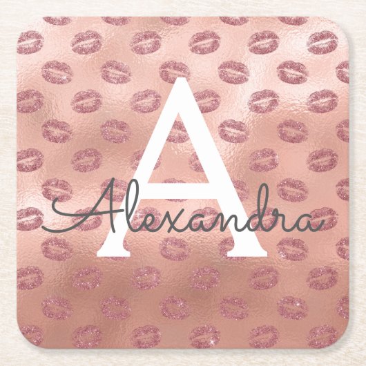 Roze Rose Gold Lipstick Kust Monogram Verjaardag Kartonnen Onderzetters (Voorkant)