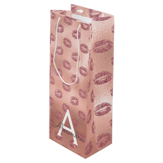 Roze Rose Gold Lipstick Kust Monogram Verjaardag Wijn Cadeautas (Voorkant Gekanteld)