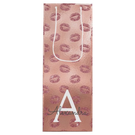 Roze Rose Gold Lipstick Kust Monogram Verjaardag Wijn Cadeautas (Voorkant)