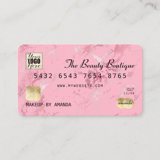 Roze Rose Gold Luxury Marble Credit Kaart Logo Visitekaartje (Voorkant)