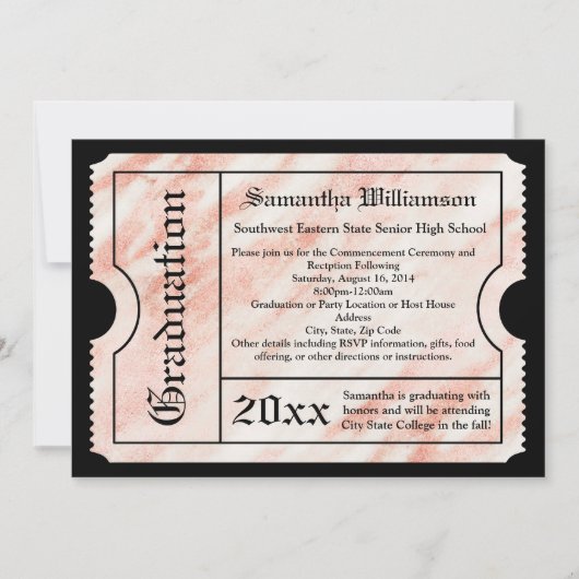 Roze Rose Gold Marble Modern Afstuderen Ticket Kaart (Voorkant)