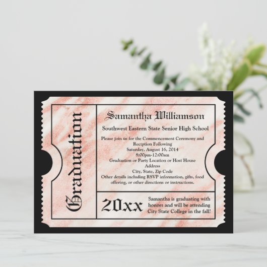 Roze Rose Gold Marble Modern Afstuderen Ticket Kaart (Staand voorkant)