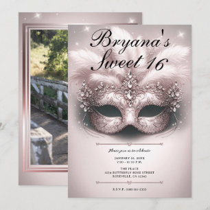 Roze Rose Gold Masquerade Sweet 16 Foto Verjaardag Kaart