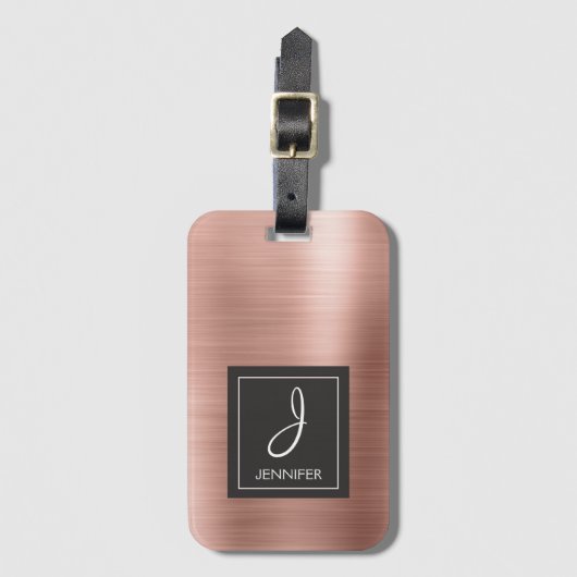 Roze Rose Gold Metal Elegant Monogram Bagage Label (Voorkant (verticaal))