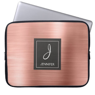 Roze Rose Gold Metal Elegant Monogram Laptop Sleeve