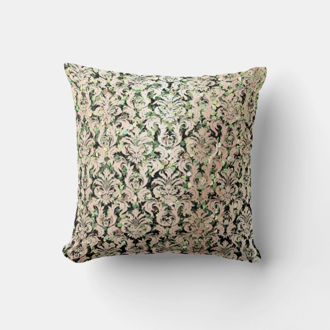 Roze Rose Gold Metallic Damask Green Sequin Kussen (Voorkant)