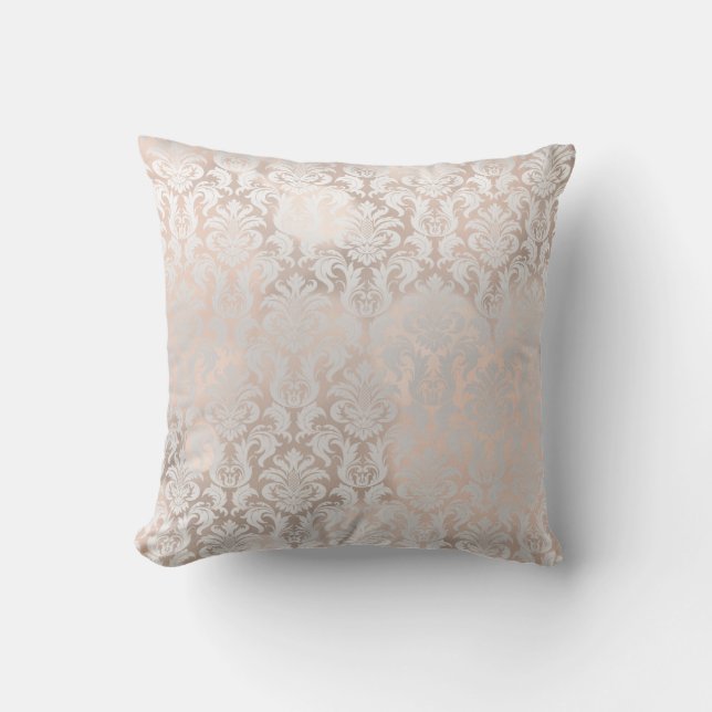 Roze Rose Gold Metallic Damask Royal Grey Gray Kussen (Voorkant)