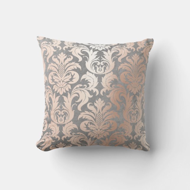 Roze Rose Gold Metallic Damask Silver Grey Lux Kussen (Voorkant)