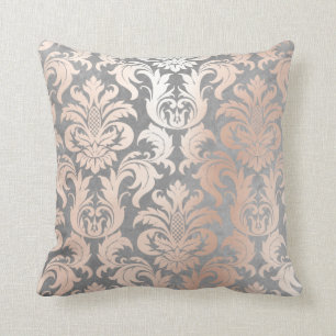 Roze Rose Gold Metallic Damask Silver Grey Lux Kussen