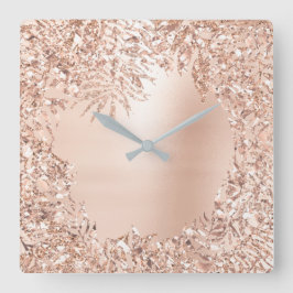 Roze Rose Gold Metallic Floral Botanisch Glitter Vierkante Klok
