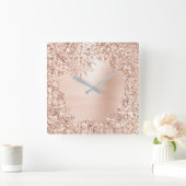 Roze Rose Gold Metallic Floral Botanisch Glitter Vierkante Klok (Huis)