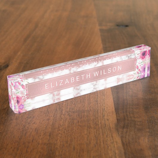Roze Rose Gold Metallic Foil Marble Floral Luxal Naambordje (Zijkant)