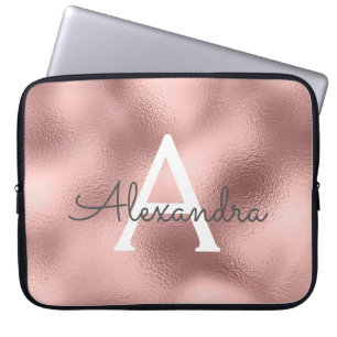 Roze Rose Gold Metallic Foil Sparkle Monogram Laptop Sleeve