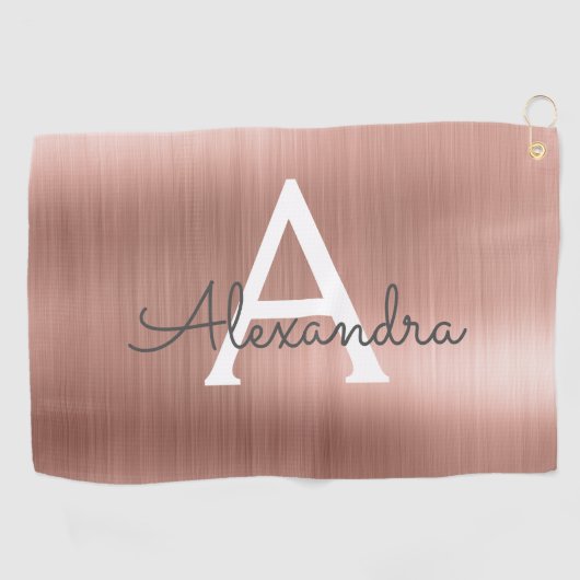 Roze Rose Gold Metallic Folie Monogram Naam Golfhanddoek (Horizontaal)