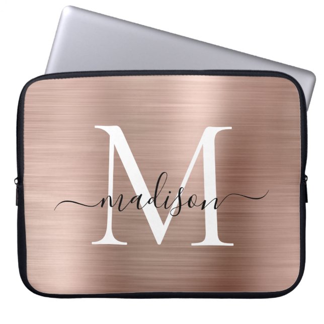 Roze Rose Gold Monogram Girly Script, geborsteld m Laptop Sleeve (Voorkant)