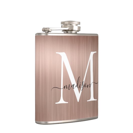 Roze Rose Gold Monogram Script geborsteld staal Me Heupfles (Rechts)