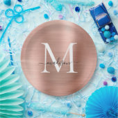 Roze Rose Gold Monogram Script Metallic Steel Papieren Bordje (Feest)