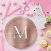 Roze Rose Gold Monogram Script Metallic Steel Papieren Bordje (Feest)