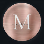 Roze Rose Gold Monogram Script Metallic Steel Papieren Bordje<br><div class="desc">Roze Rose Gold Monogram Script Glam Metallic Steel Paper Bord</div>