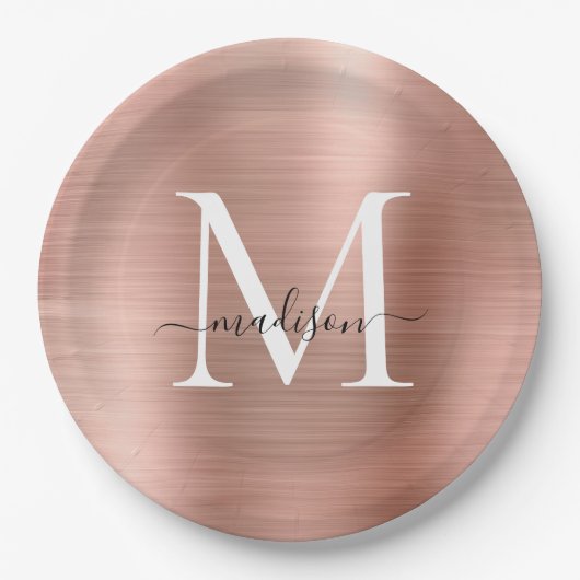 Roze Rose Gold Monogram Script Metallic Steel Papieren Bordje (Voorkant)