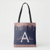 Roze Rose Gold Navy Blauw Glitter Elegant Monogram Tote Bag (Voorkant)